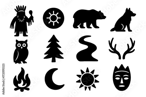 Native american icon set with animals, nature, and cultural symbols in bold silhouette style