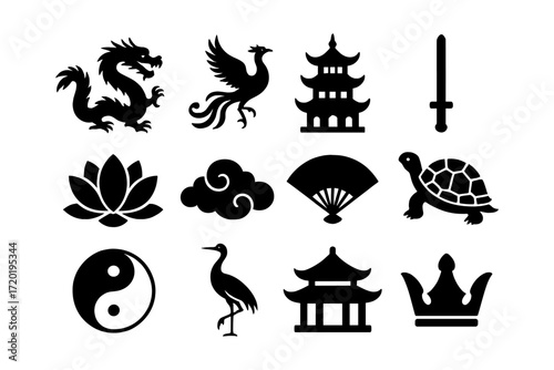 Asian icon set featuring dragon, phoenix, pagoda, and yin yang symbol in black silhouette