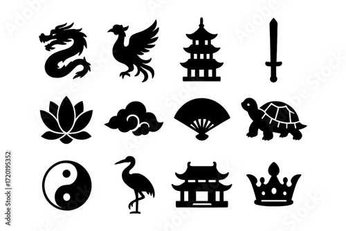 Traditional asian icons black silhouette set featuring iconic symbols and cultural elements