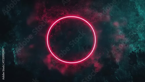 A glowing, vibrant neon circle highlights a dark, textured background.