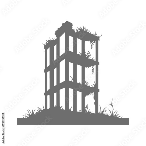 Old broken building with Vegetation silhouette illustration