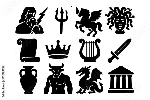 Ancient mythology icons: greek symbols and figures in bold silhouette style