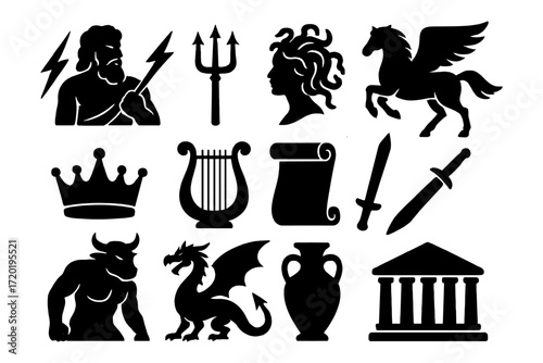 Classic greek mythology silhouettes: gods, creatures, and symbols