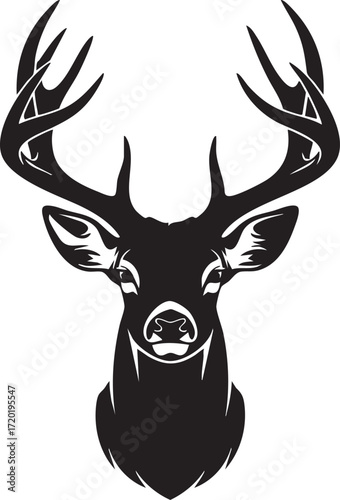 Silhouette of a deer head with large antlers facing forward animal