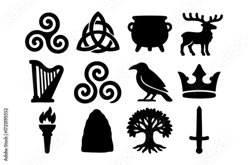 Celtic symbols collection featuring icons of nature and mythology in silhouette style