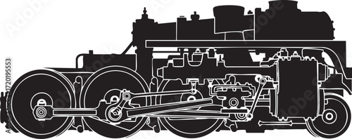 Silhouette of a detailed steam locomotive engine with wheels and pistons train