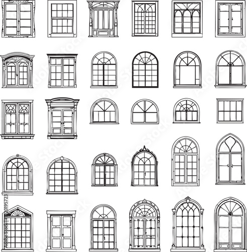 A collection of various window designs in black and white line art showcasing different shapes and styles