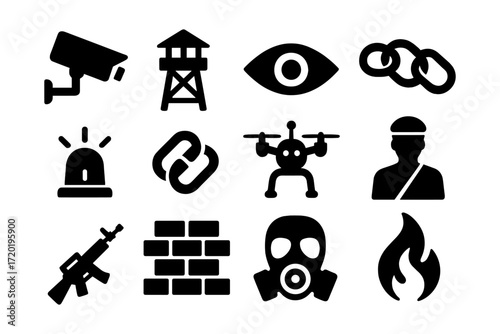 Security and surveillance icons: modern silhouette set featuring cameras, drones, and more
