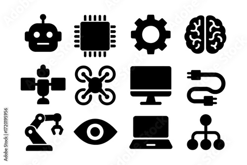Bold silhouette icons of technology and innovation