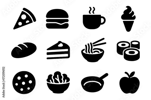 Silhouette icons of popular foods including pizza, burger, coffee, and ice cream