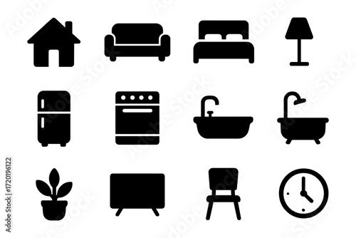 Home interior icons set: essential furniture and appliances in solid style