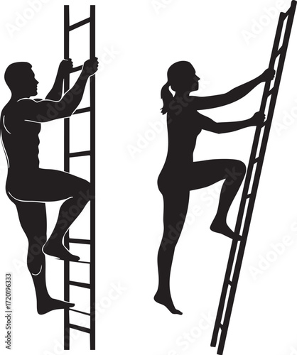 Silhouette of a man and a woman climbing separate ladders against a background vector