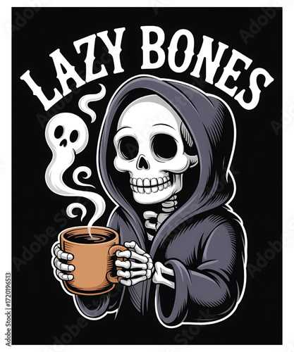Skeleton grim reaper in a hoodie holding a coffee mug with a ghost