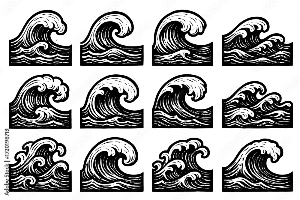 Fototapeta premium Retro wave art collection: hand drawn ocean patterns in vintage style