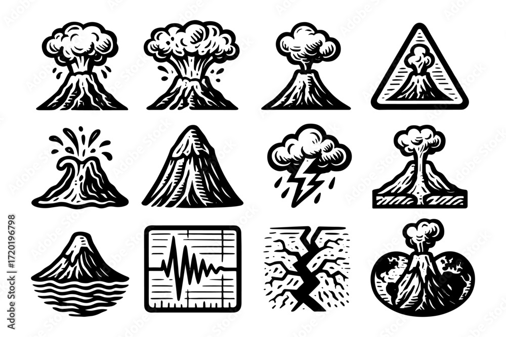Fototapeta premium Volcano eruption icons set with seismic and weather elements in black and white