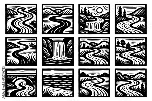 Scenic nature block prints: rivers, waterfalls, mountains, lakes