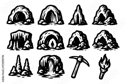 Cave exploration icons: black and white adventure set with tools and nature elements