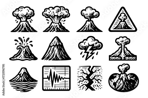 Volcano eruption icons set with seismic and weather elements in black and white