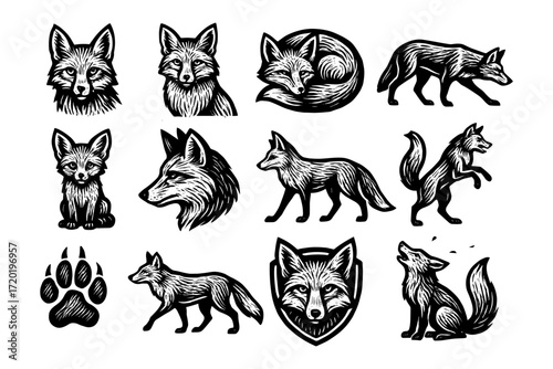 Handcrafted fox designs: rustic animal woodcut collection