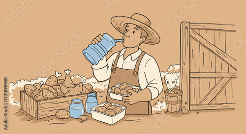 Farmer Quenches Thirst A Relaxing Break Amidst the Harvest, Enjoying Refreshing Water on a Sunny Day