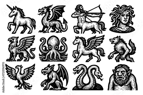 Mythical creatures collection in detailed woodcut style art