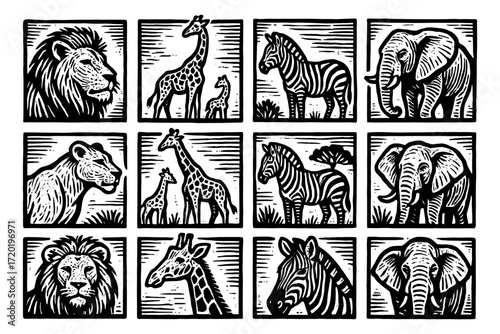 Safari wildlife set in woodcut style featuring lions, giraffes, zebras, and elephants