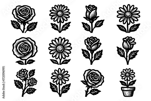 Ornate black and white floral designs featuring roses and daisies