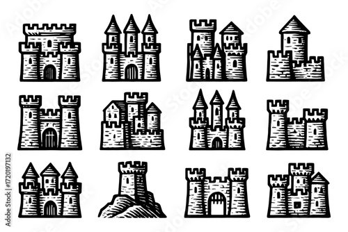Medieval castle collection with vintage hand-drawn design for historical architecture