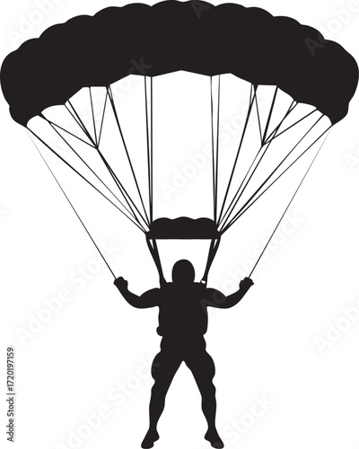 Silhouette of a skydiver descending with an open parachute skydiving jump