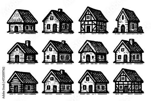 Vintage hand drawn sketch of rustic houses with various architectural styles