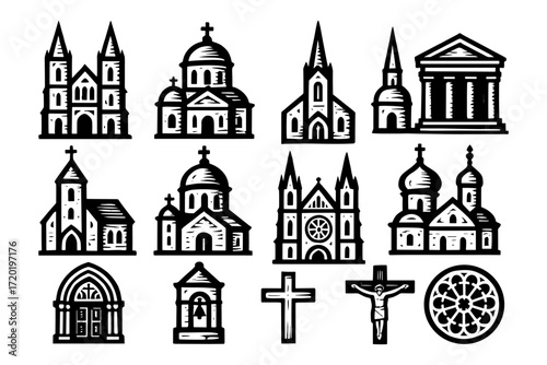 Collection of gothic and byzantine church icons in black and white design