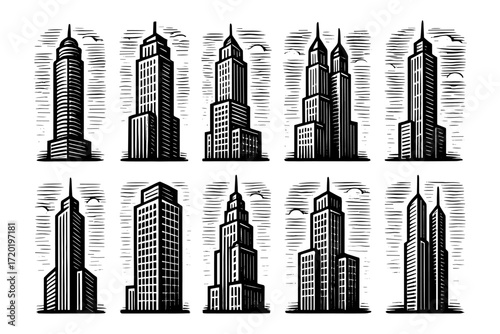 Monochrome skyscrapers in vintage woodcut style with birds in the sky
