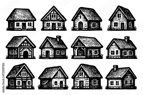 Timeless rustic charm: collection of vintage hand drawn cottages