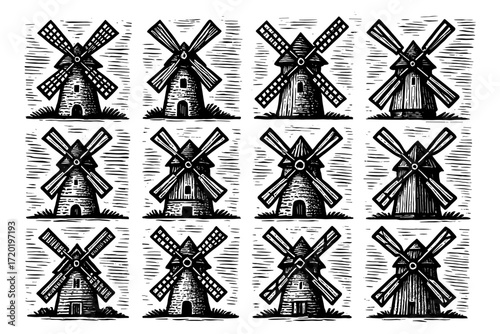 Vintage windmills in hand-drawn ink style for rustic design themes