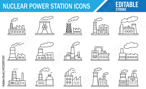 Collection of Nuclear Power Station Icons for Energy Industry