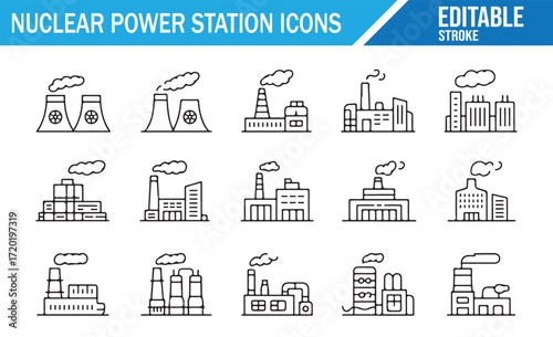 Set of Nuclear Power Station Icons in Minimalist Style, Editable Stroke, Energy and Industrial Design