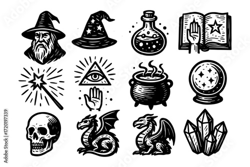 Magical symbols collection with wizard, potion, and mystical elements in vintage style