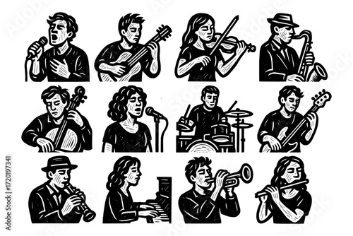 Retro style music band with musicians playing instruments