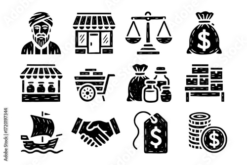 Black and white commerce icons with detailed woodcut style