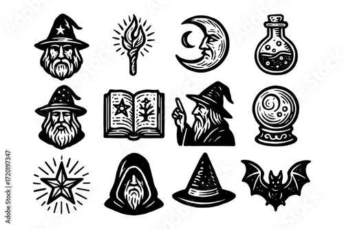 Magical wizard icons set featuring hats, moons, and potions in vintage style