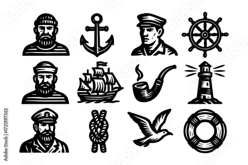Vintage nautical icons with sailors, anchors, and ships in retro style