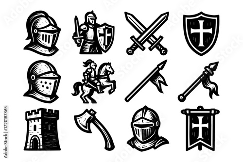 Medieval knight icons set featuring swords, shields, and helmets in vintage style