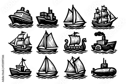Nautical woodcut collection: ships, boats, and submarine on waves