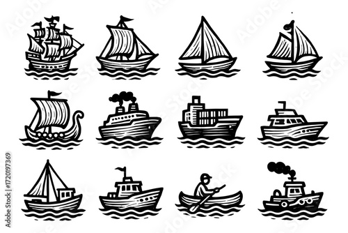 Vintage nautical ships and boats collection in black and white design