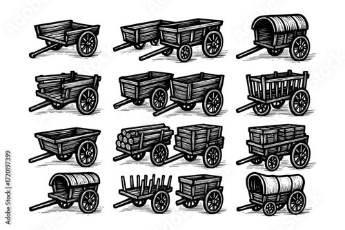 Vintage wooden carts collection in hand-drawn style