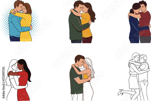 Couples hugging illustration, romantic embrace, love gesture, emotional bonding, relationship moment, vector artwork, affectionate pose