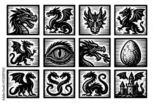 Fantasy dragon collection: intricate black and white designs with mythical themes