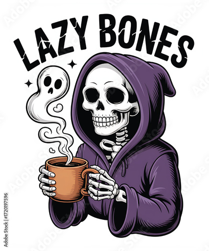 Skeleton grim reaper holding coffee mug with ghost