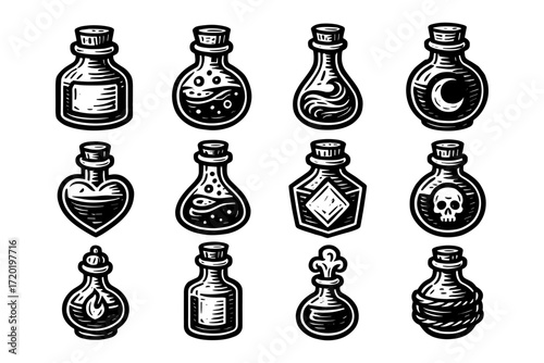 Vintage potion bottles collection with intricate hand-drawn details