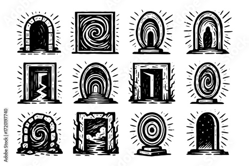 Retro style magic doors and portals collection featuring unique designs and intricate patterns